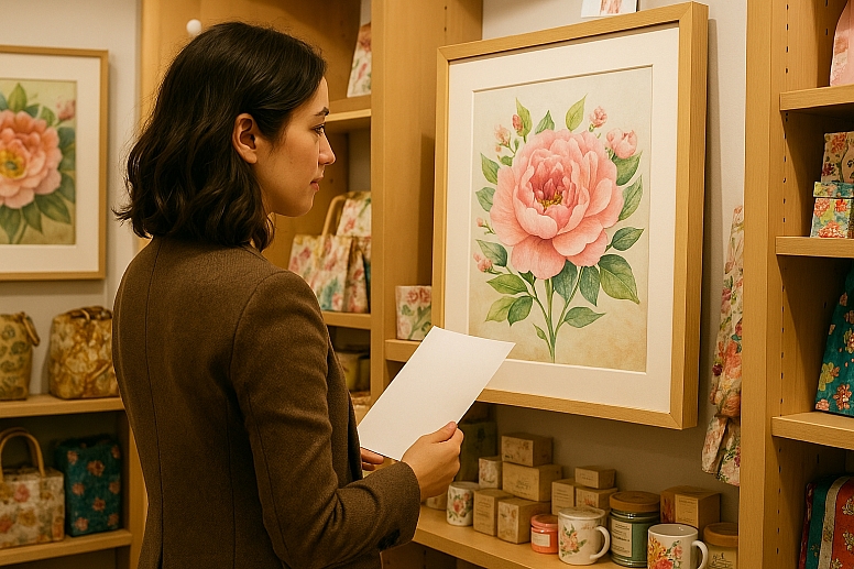 admiring art in a cozy store
