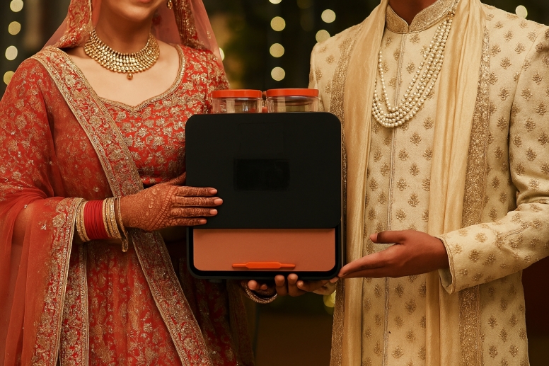 newlyweds with rotimatic gift