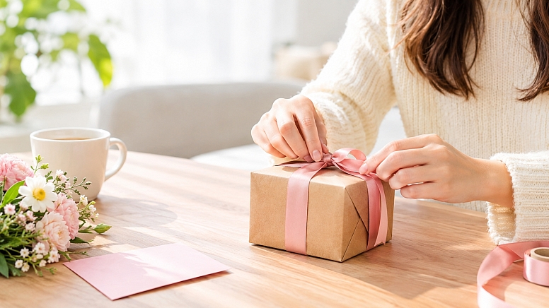 tying a pink ribbon gift